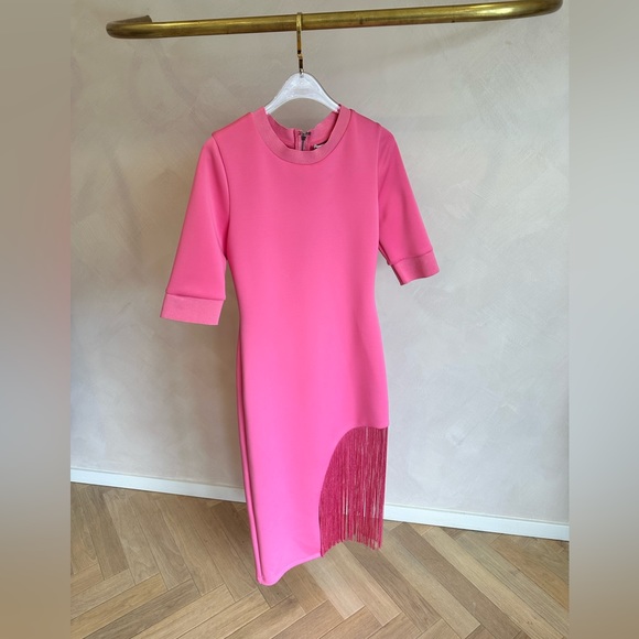 Alice & Olivia Keanna Asymmetrical Fringe Dress in Calypso Pink - Picture 1 of 8